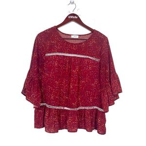 Umgee Women's Floral Eyelet Split Back Boutique Shirt Size Small Bell Sleeve Red
